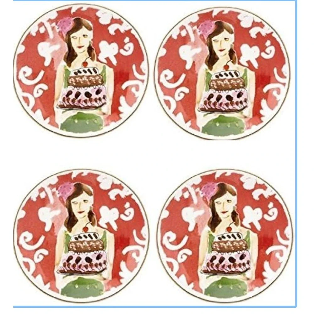 Lenox Kate Spade New York Set of 4 Cake Illustration Appetizer Plates NEW
